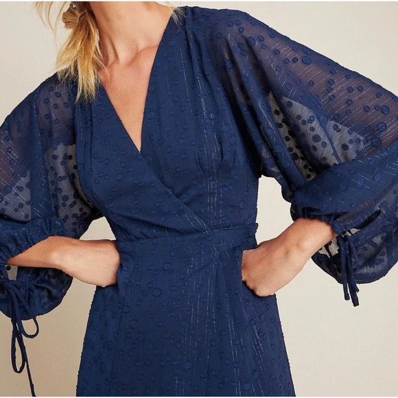 Anthropologie Hutch Leigh Wrap‎ Maxi Dress Balloon Sleeve Belted Sz XS NWT - Picture 3 of 8
